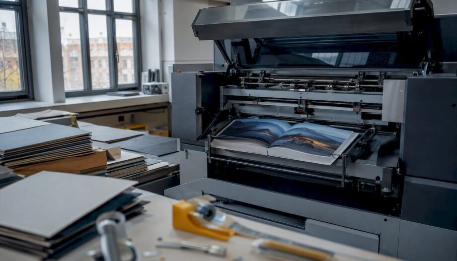 Ein Digitaldrucker produziert ein Taschenbuch.