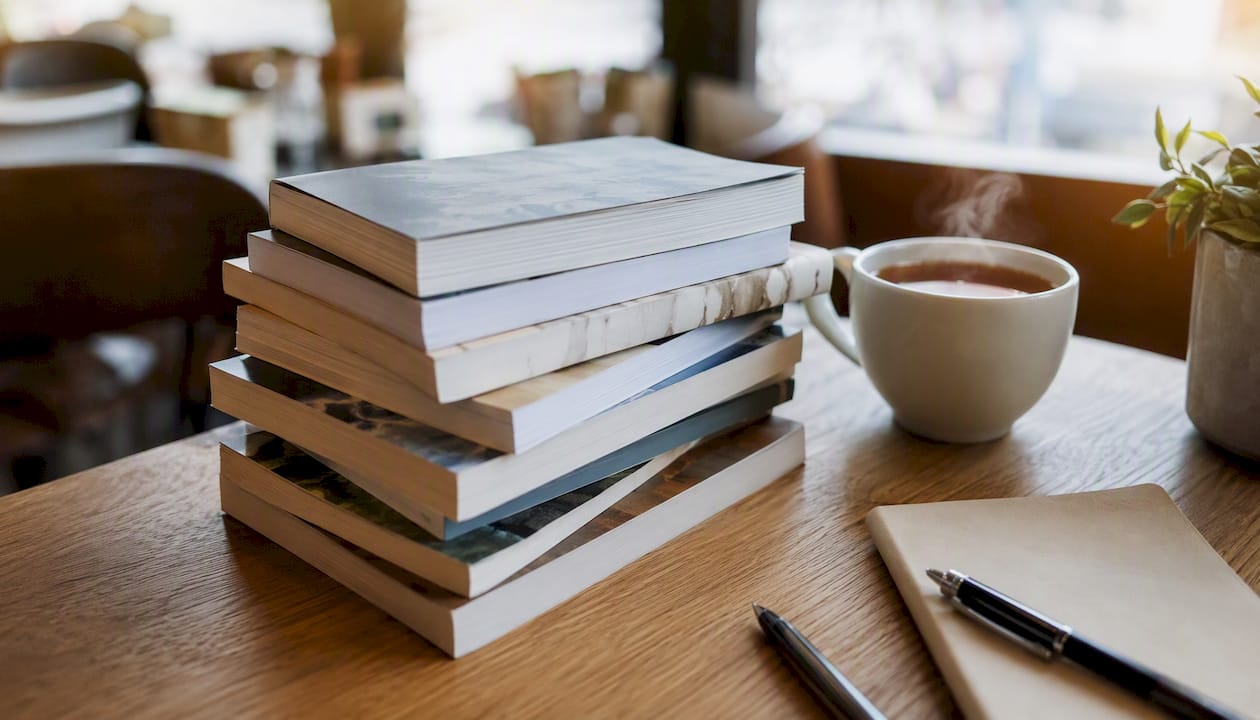 Ein Stapel Taschenb&uuml;cher liegt auf dem Schreibtisch.